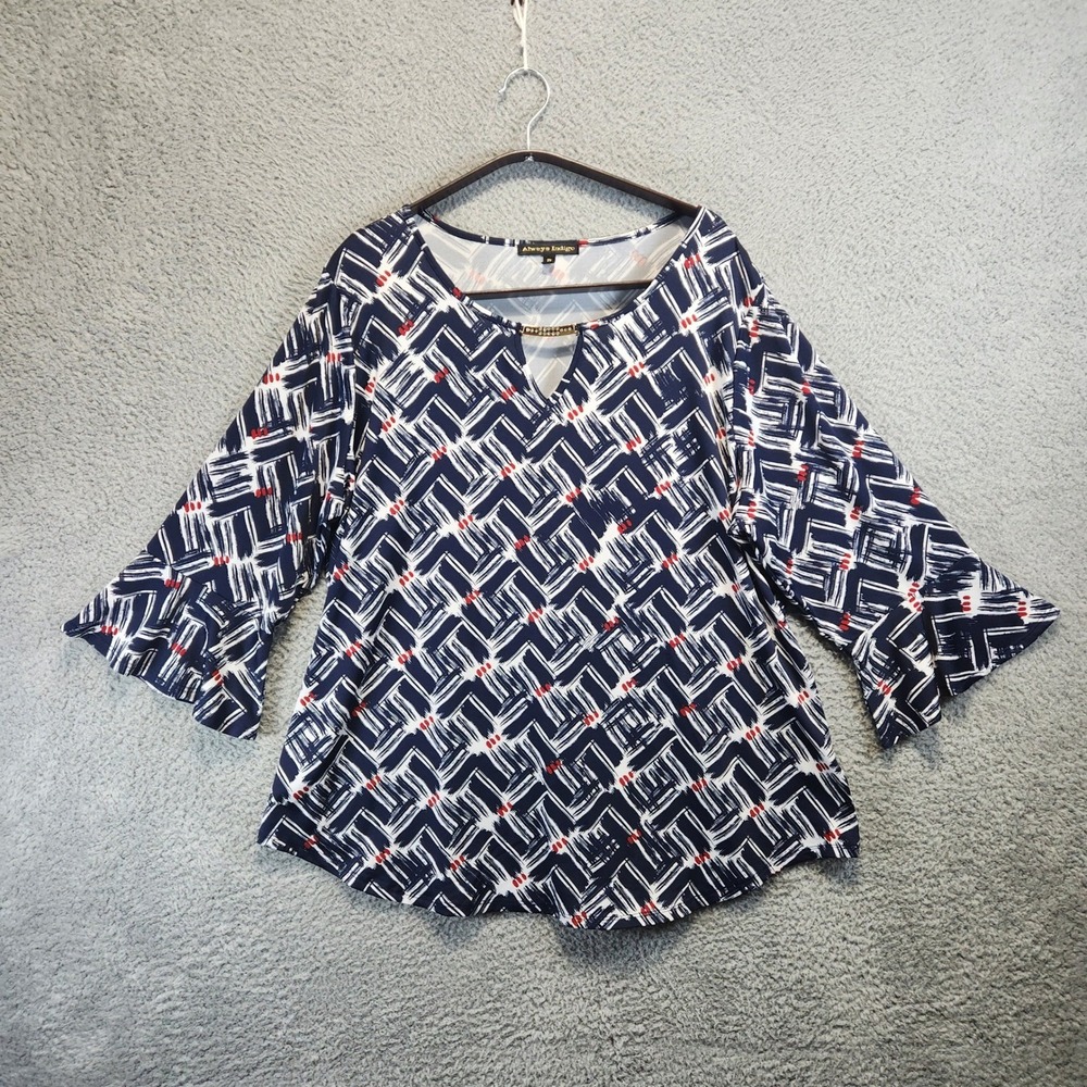 Always Indigo Tunic Top Blouse Womens 2X Geometric Bell Sleeve Causal‎ Boho